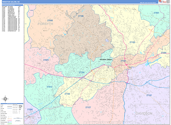 Winston Salem City Wall Map Color Cast Style